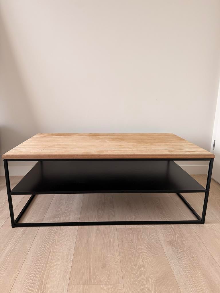 Salontafel met houten blad en zwart metalen frame, Ophalen, Gebruikt, 100 tot 150 cm, 50 tot 100 cm