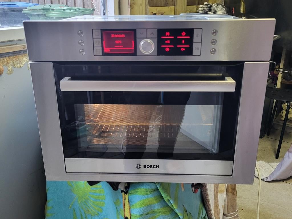 Bosch RVS COMBI OVEN MAGNETRON MET PYROLYSE ZELFREINIGEN, Witgoed en Apparatuur, Ovens, 45 tot 60 cm, Hete lucht, Zo goed als nieuw