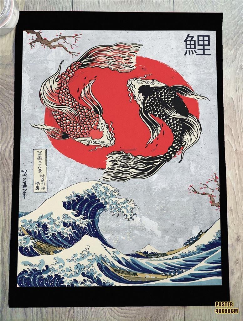 The Great Wave Koi Vis Kunst Poster Ukiyo E, Ophalen of Verzenden, Nieuw, A1 t/m A3, Film en Tv