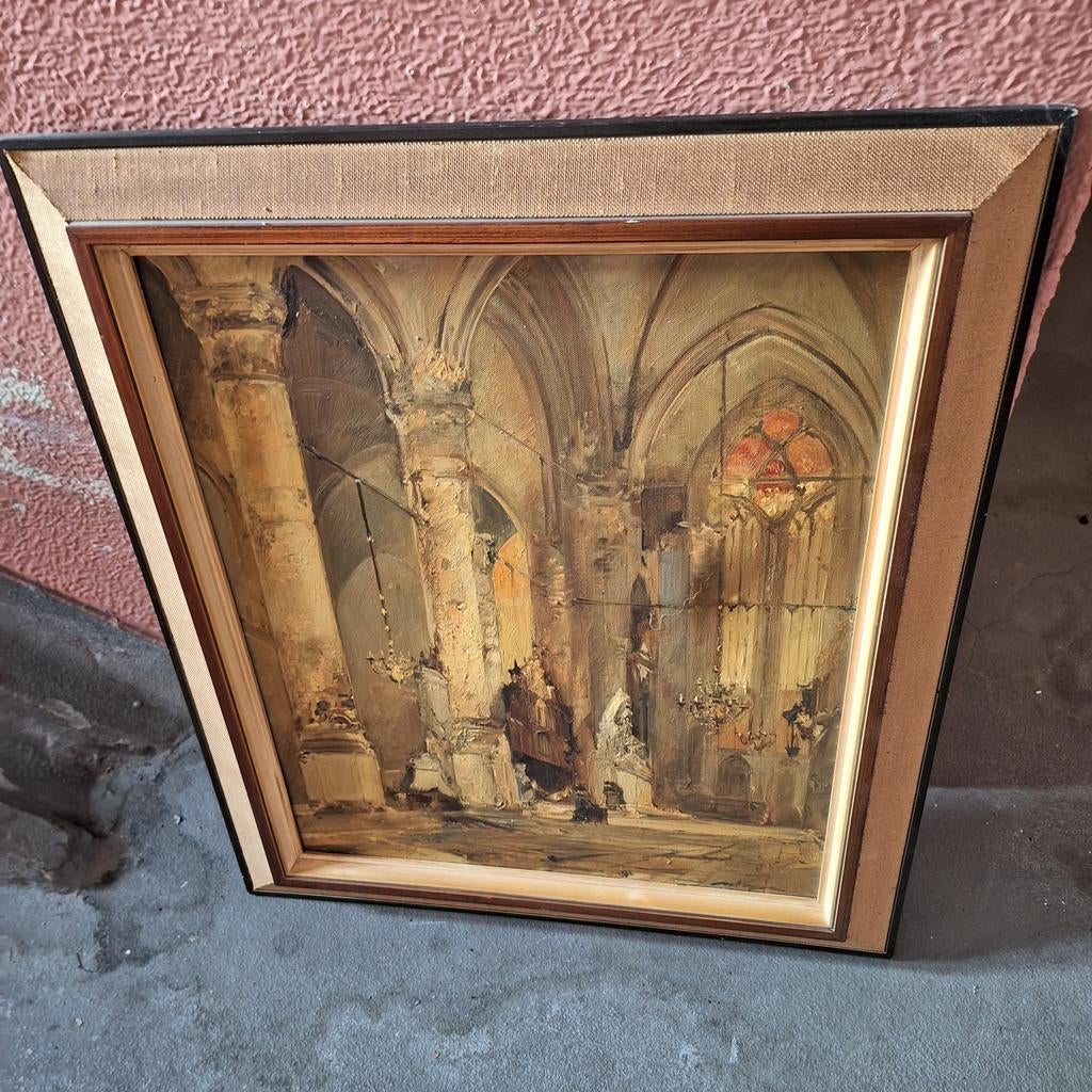 Vintage Schilderij Kerk Interieur - Olieverf op doek, Antiek en Kunst, Kunst | Schilderijen | Klassiek, Ophalen of Verzenden