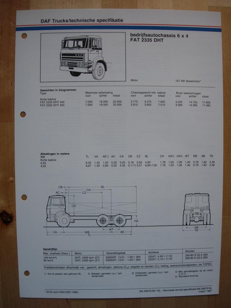 DAF FAT 2300 DHT Technische Specificatie Folder 1987 – 6x4, Ophalen of Verzenden, Zo goed als nieuw, Overige merken, DAF