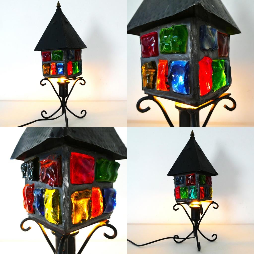 Peter Marsh tafellamp brutalist glas in lood lamp lantaarn, Antiek en Kunst, Antiek | Lampen, Ophalen of Verzenden