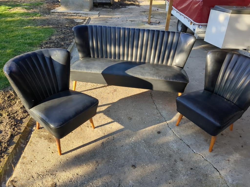 Zwarte set bank met cocktail stoelen retro vintage, Ophalen, Gebruikt, Leer