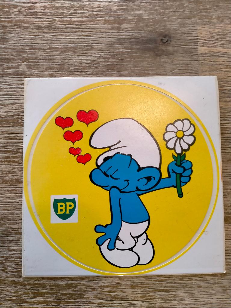 Smurfen smurf vintage BP tankstation sticker bloemen, Ophalen of Verzenden, Zo goed als nieuw, Overige typen