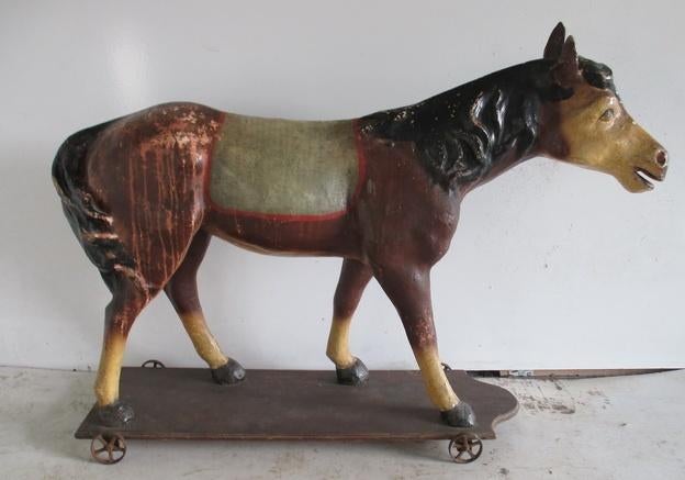 heel groot antiek papier maché paard op wielen 120 cm !, Ophalen