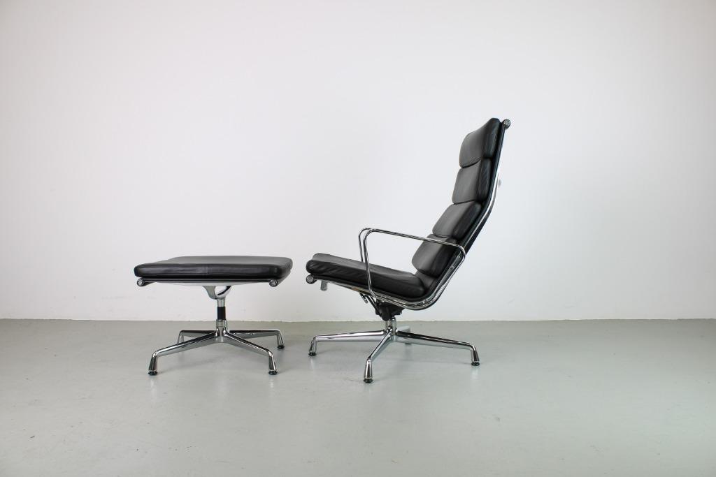 Vitra EA 222 + 223, Chroom, Zwart leer, Huis en Inrichting, Fauteuils, Gebruikt, Leer, Metaal, Minder dan 50 cm, Minder dan 75 cm