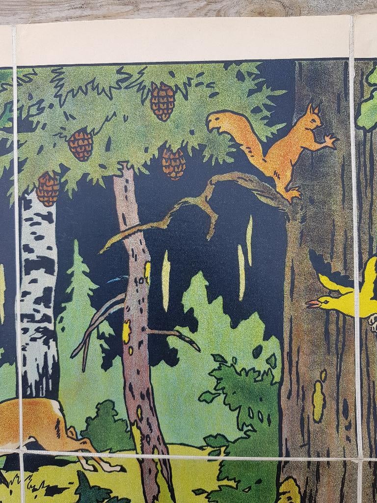 In het bos oude schoolplaat uit Frankrijk litho op canvas., Antiek en Kunst, Ophalen of Verzenden