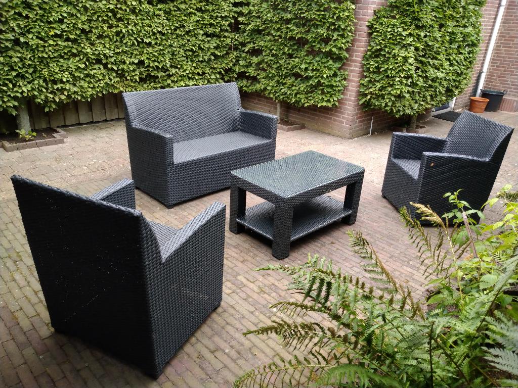 Set tuinstoelen & bank- & tuinset, in goede staat, compleet!, Ophalen, Gebruikt, Kunststof