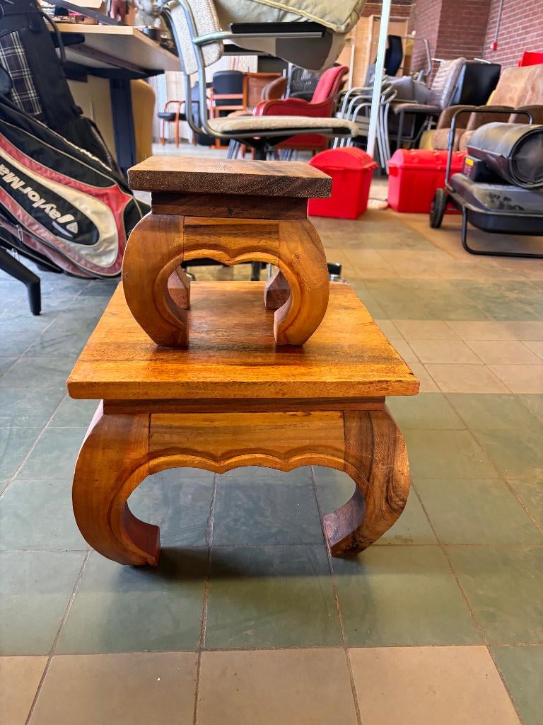 Vintage Opium Bijzettafels Bruin Massief Hout Set van 2, Ophalen, Minder dan 45 cm, Minder dan 55 cm, Gebruikt