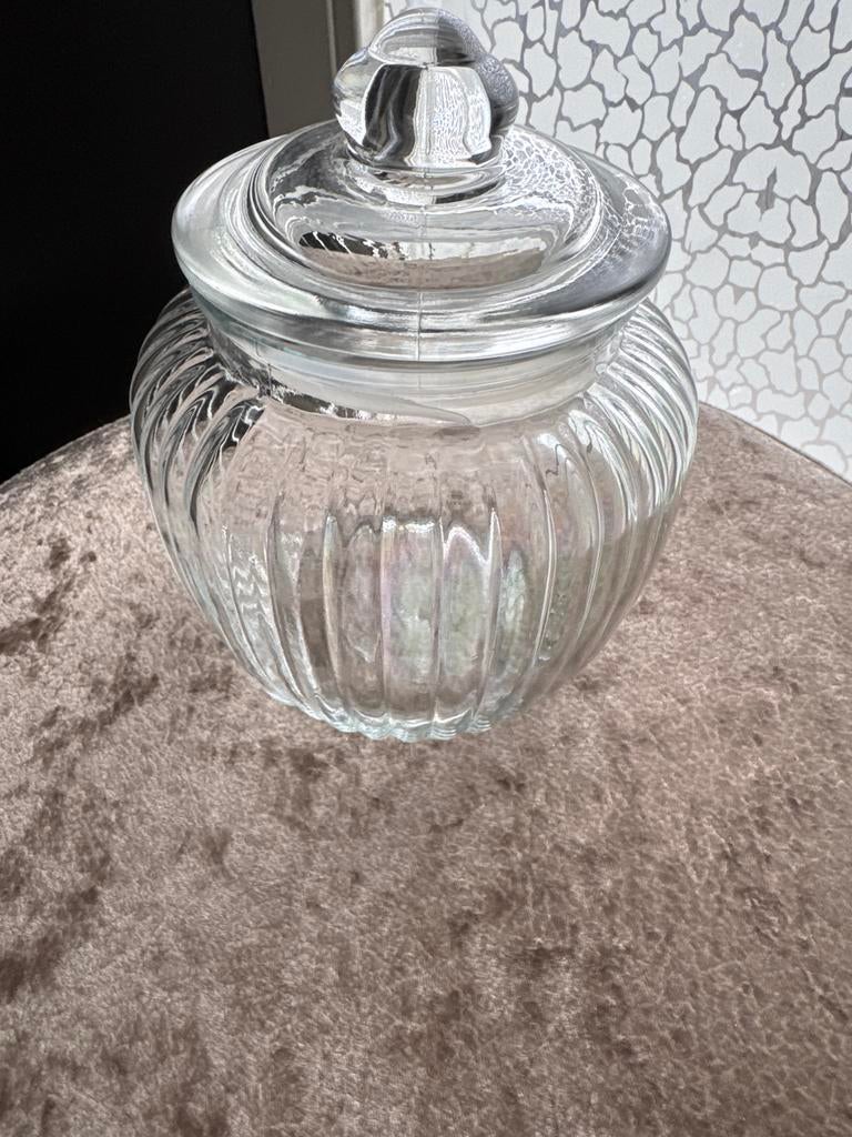 Glazen snoeppot / voorraadpot met deksel, Schaal, Rond, Ophalen of Verzenden, Glas