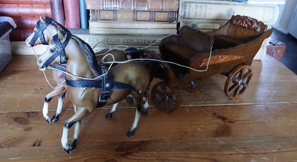 Boerenkar Amish miniatuur model met span van twee paarden, Ophalen of Verzenden