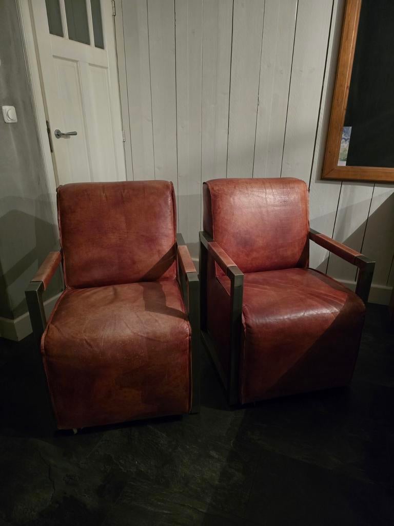 2 robuuste schapen leren fauteuils op wielen met staal frane, Ophalen of Verzenden, 75 tot 100 cm, 50 tot 75 cm