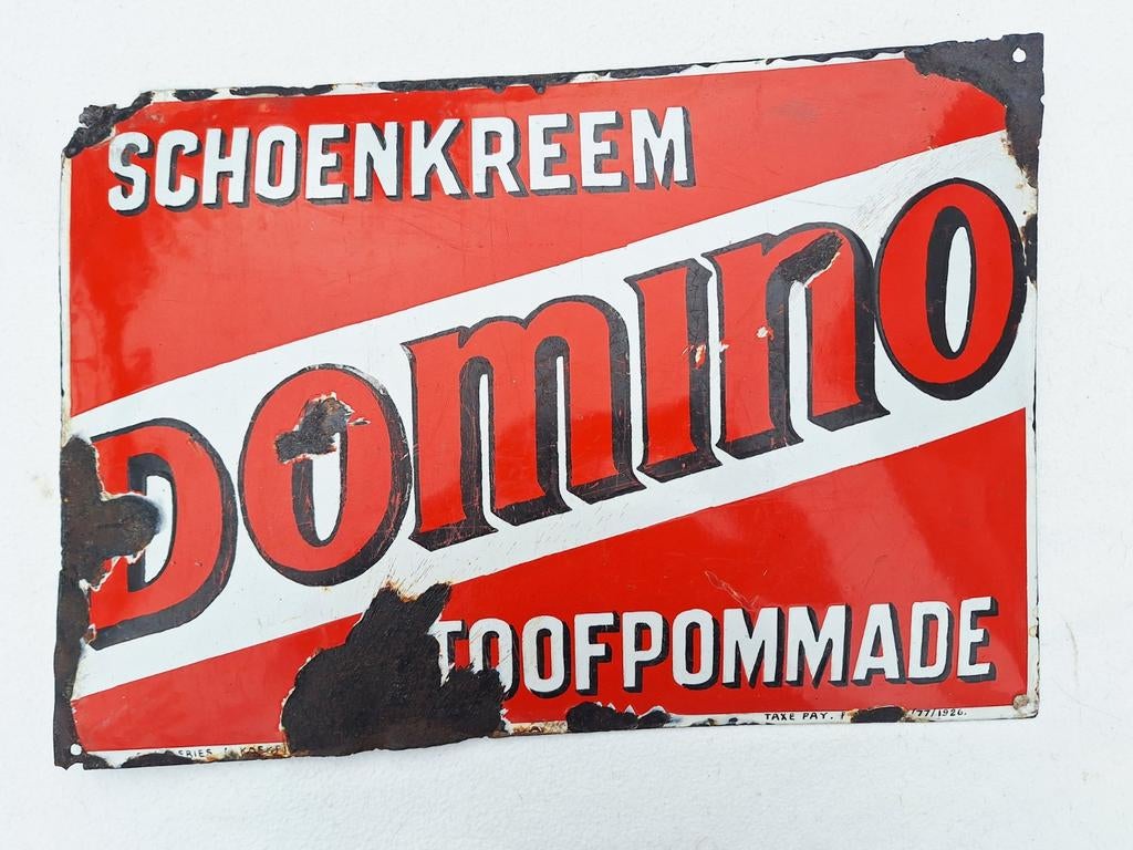 Domino emaille reclamebord schoenkreem en trooppommade, Verzamelen, Merken en Reclamevoorwerpen, Gebruikt, Reclamebord, Ophalen of Verzenden