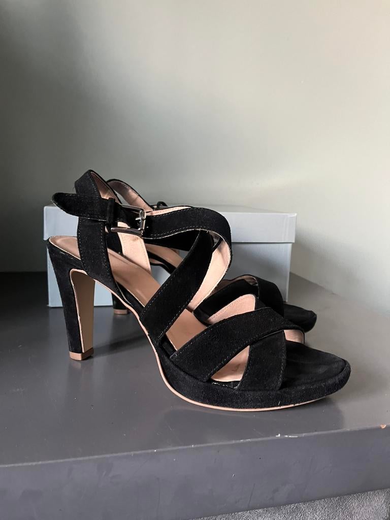 Zwarte sandalen met hoge hak Manfield maat 41, Zwart, Zo goed als nieuw, Sandalen of Muiltjes, Ophalen of Verzenden