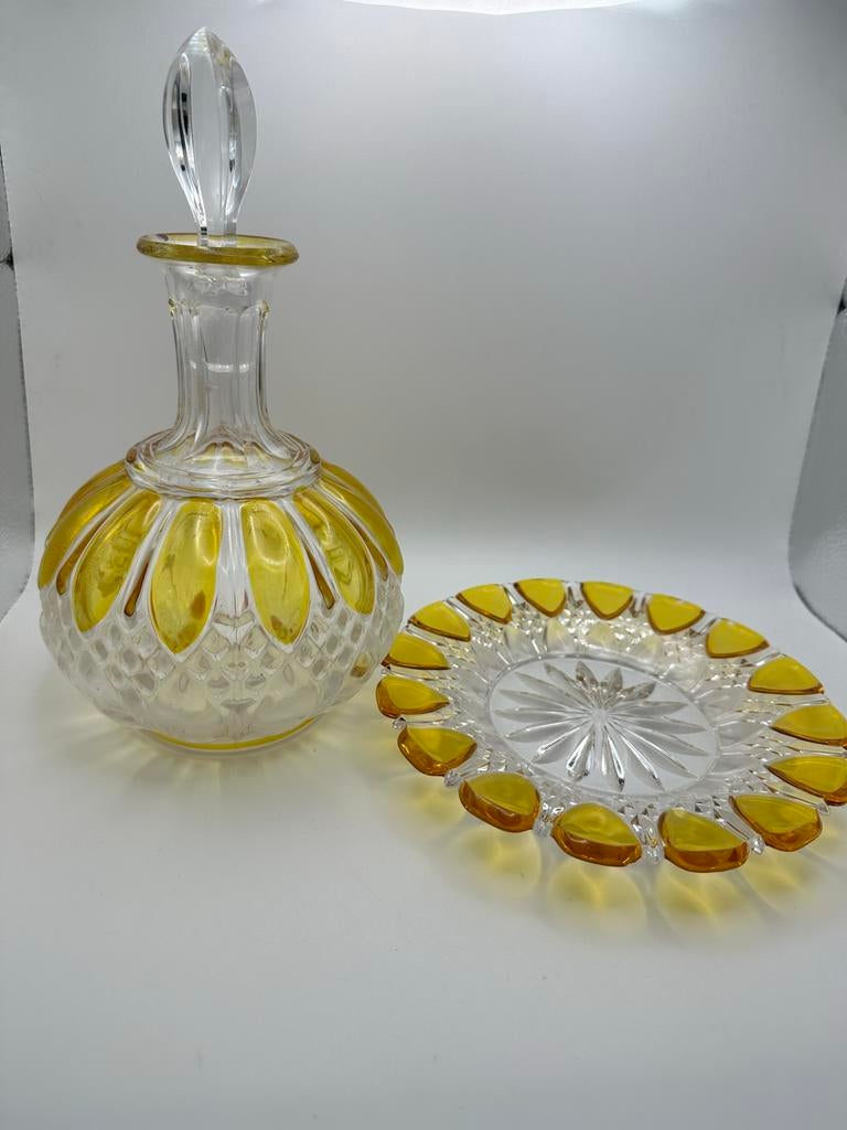 Art Deco Karaf en Schaal - Amberkleurig Glas, Ophalen of Verzenden