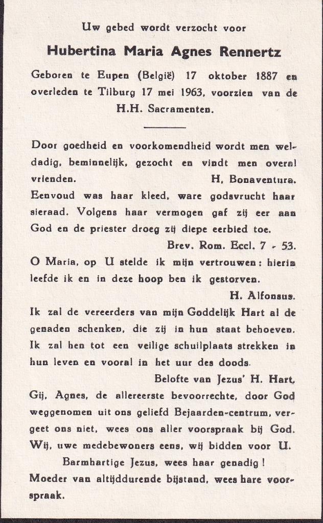 rennertz Hubertina  1887 Eupen België 1963 Tilburg, Ophalen of Verzenden, Bidprentje