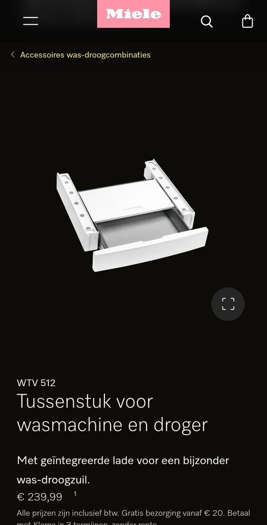 Miele WTV 512 Tussenstuk voor wasmachine en droger, Witgoed en Apparatuur, Was-droogcombinaties, Ophalen of Verzenden, Zo goed als nieuw