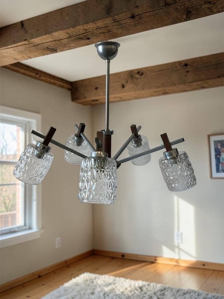 vintage chromen luster / hanglamp met hout accent en glas, Ophalen