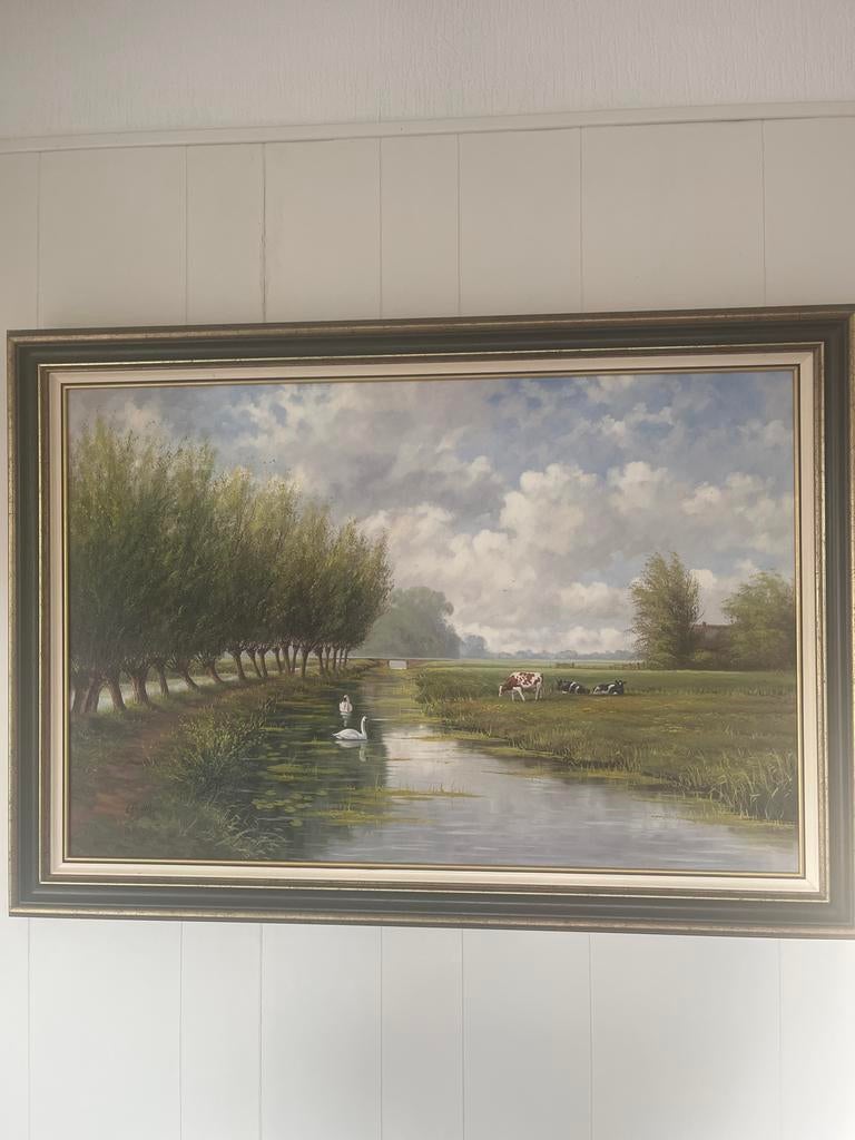 Schilderij: Hollands Landschap met Koeien en Zwanen, Antiek en Kunst, Ophalen of Verzenden