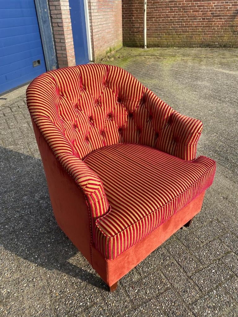 Set van 6 fluwelen fauteuils + 2 ovalen poefs, 125 cm of meer, Leer, Ophalen of Verzenden, Zo goed als nieuw