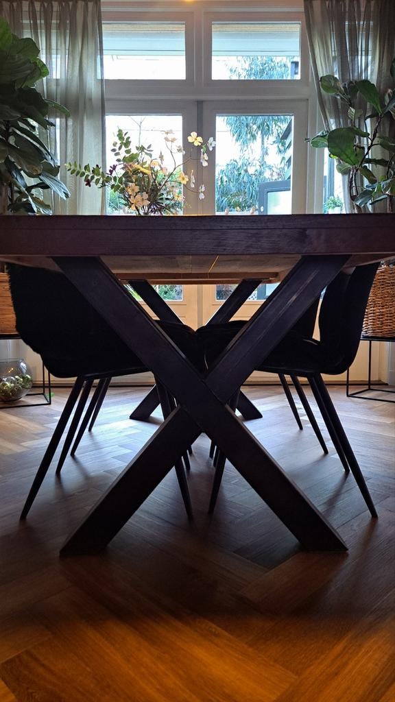 Houten eettafel 180 x 90 cm met metalen X-poot, Huis en Inrichting, Tafels | Eettafels, Vijf personen of meer, 150 tot 200 cm