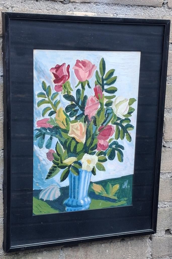 Naïef stilleven. Rozen. Gouache. Sign. 34/34 cm. Ca'40/'60., Ophalen