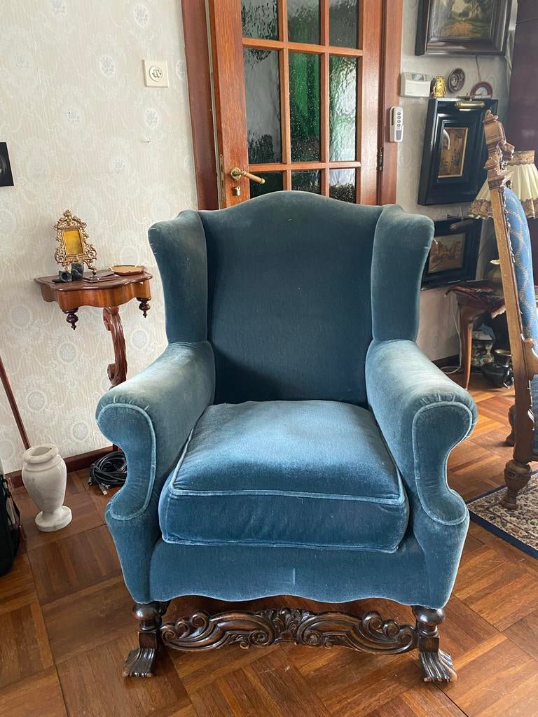 Blauwe fauteuil met houten onderstel, Ophalen, Gebruikt, Hout