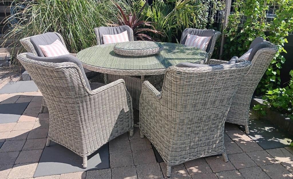 6 persoons ronde tuinset / diningset incl lazy susan, Ophalen, Gebruikt, 6 zitplaatsen, Wicker