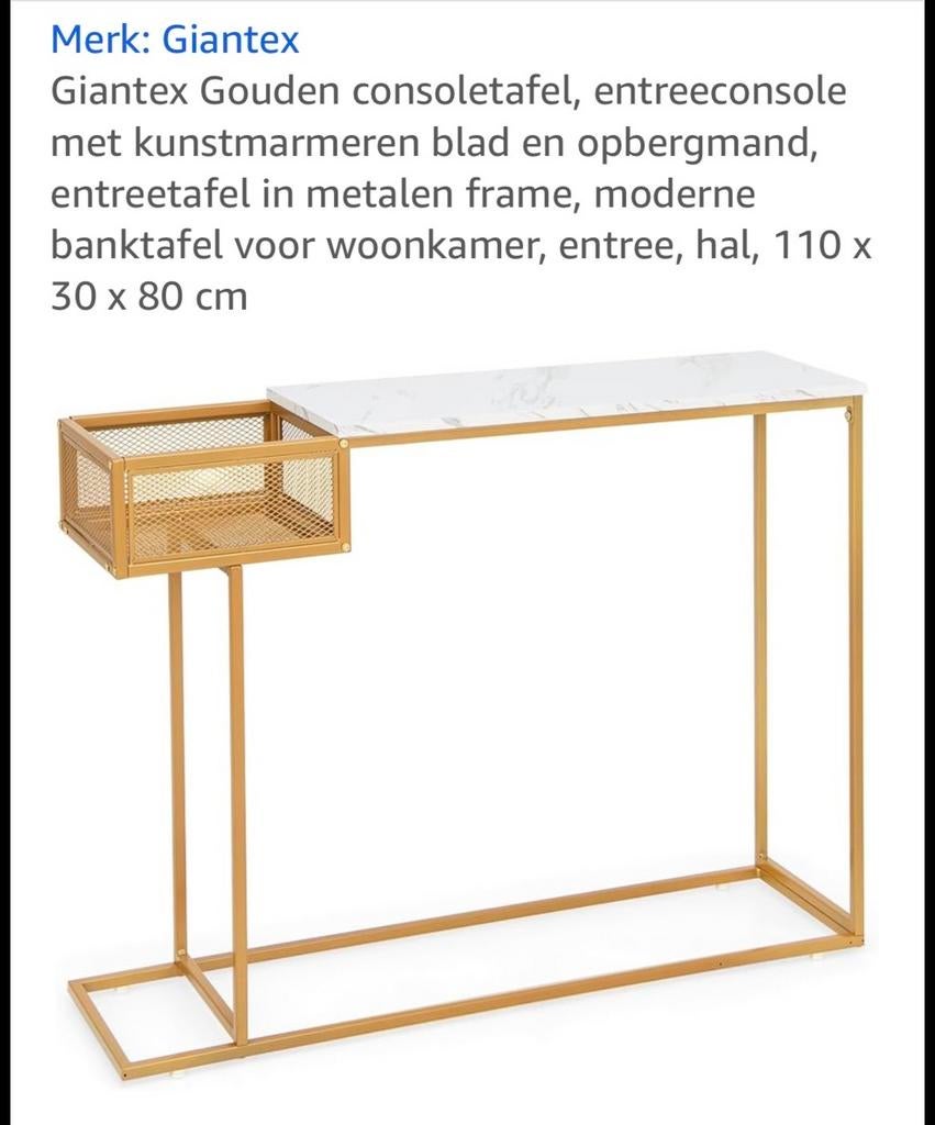 Giantex Gouden Consoletafel met Marmerlook en Opbergmand, Huis en Inrichting, Tafels | Sidetables, 100 tot 150 cm, Ophalen of Verzenden