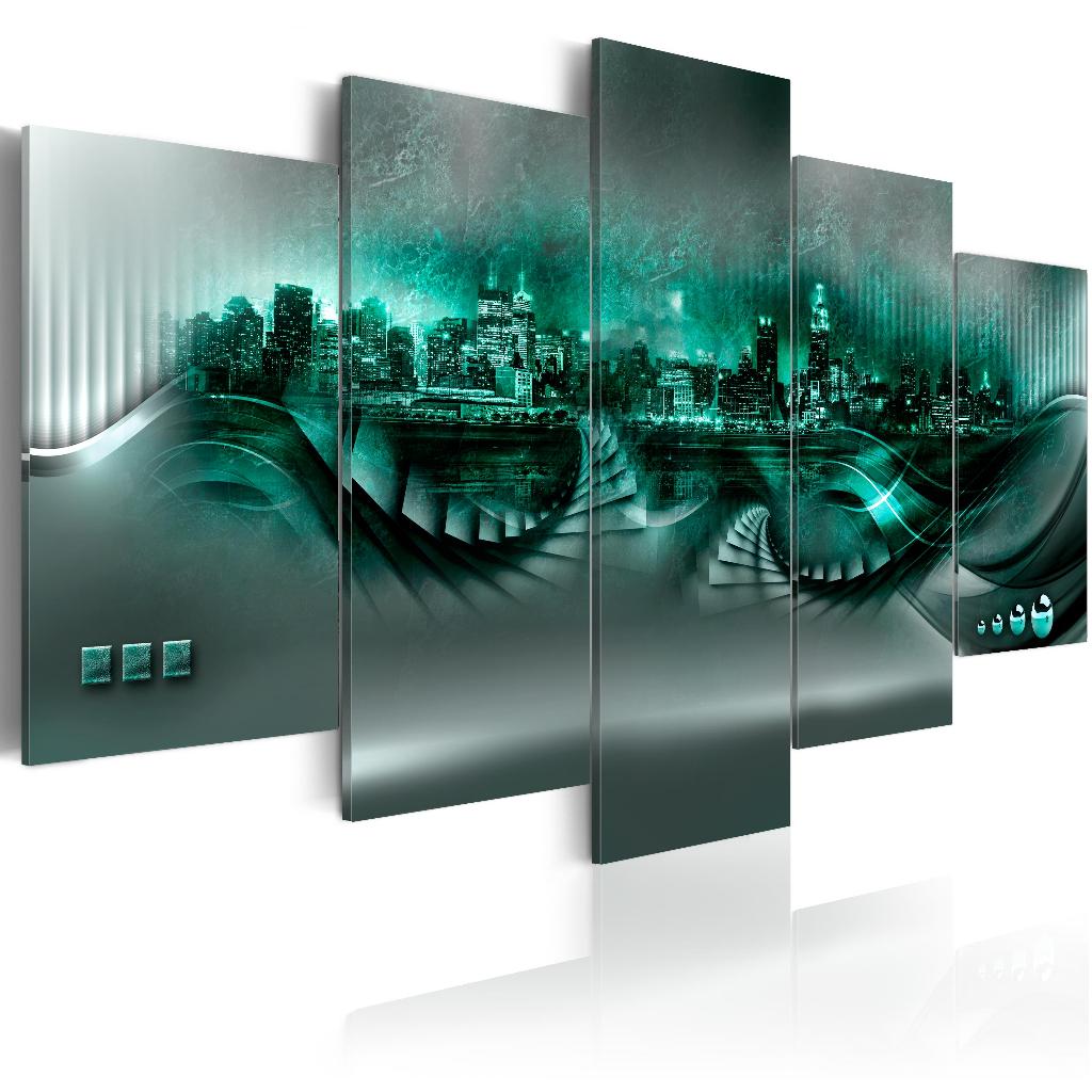 864 Groen Grijs Abstract New York 5 Luik Canvas Schilderij, Nieuw, 125 cm of meer, Ophalen of Verzenden, Schilderij