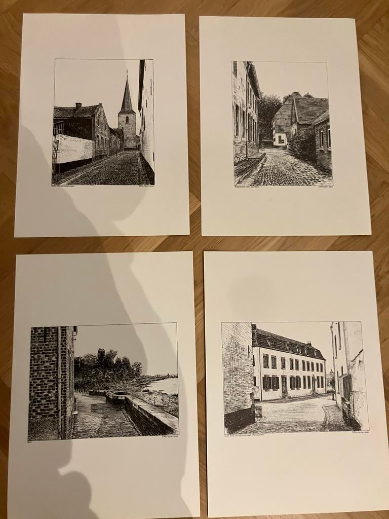 Set van 4 originele tekeningen van Eijsden door H. Mertens, Ophalen of Verzenden