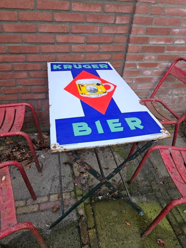 Kruger bier emaille oude cafe tafel, Verzamelen, Biermerken, Ophalen, Gebruikt, Reclamebord, Plaat of Schild, Overige merken