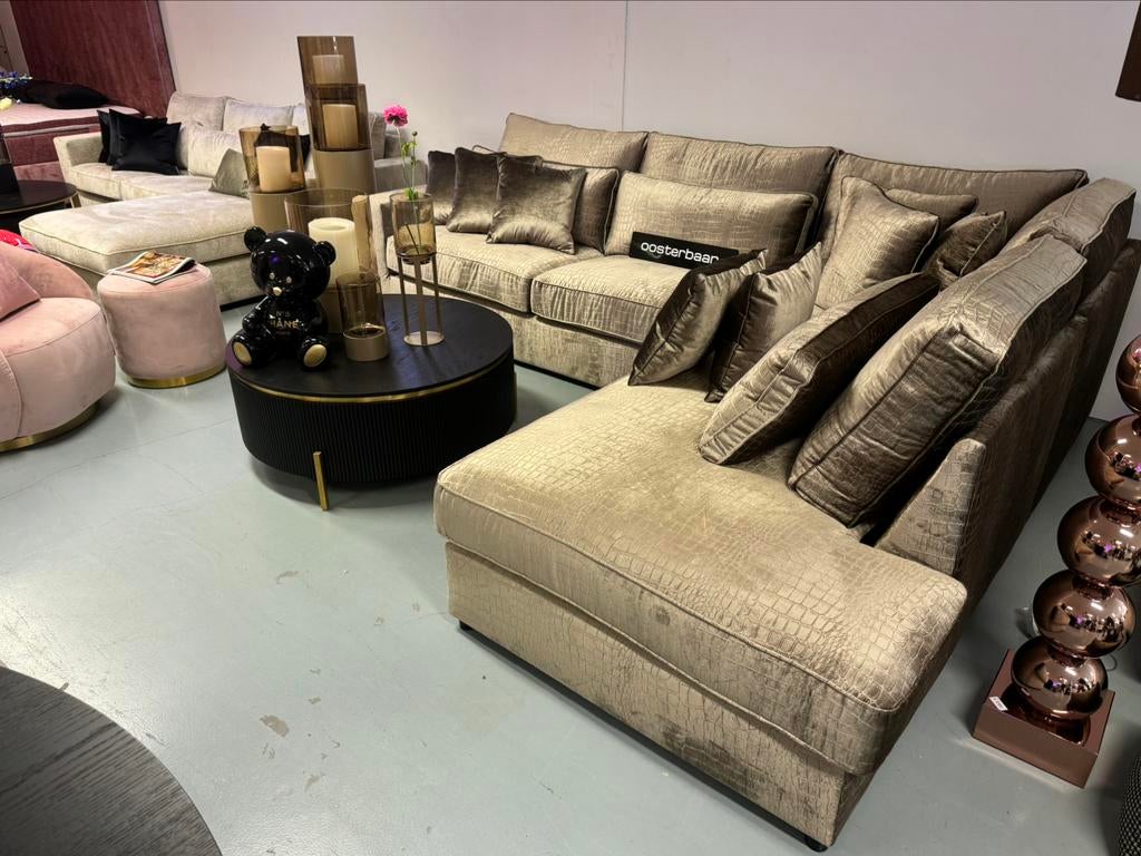 Luxe Velvet Croco Hoekbank Pocket 310x250cm NIEUW - Goud, Info@oosterbaanwonen.nl, Hoekbank, Ophalen of Verzenden, Venus 31 8448 CE Heerenveen