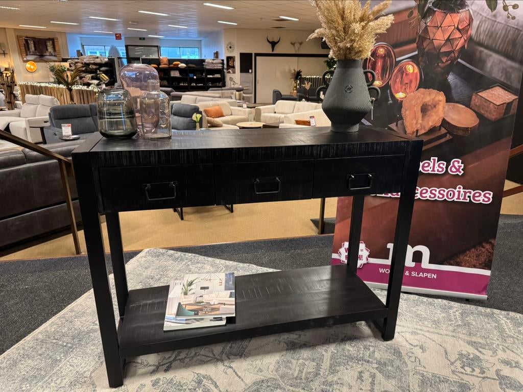 Sidetable Zwart mango/Staal 120cm 3-lades Direct/Leverbaar, Huis en Inrichting, Tafels | Sidetables, 100 tot 150 cm, Nieuw, Mwonenenslapen