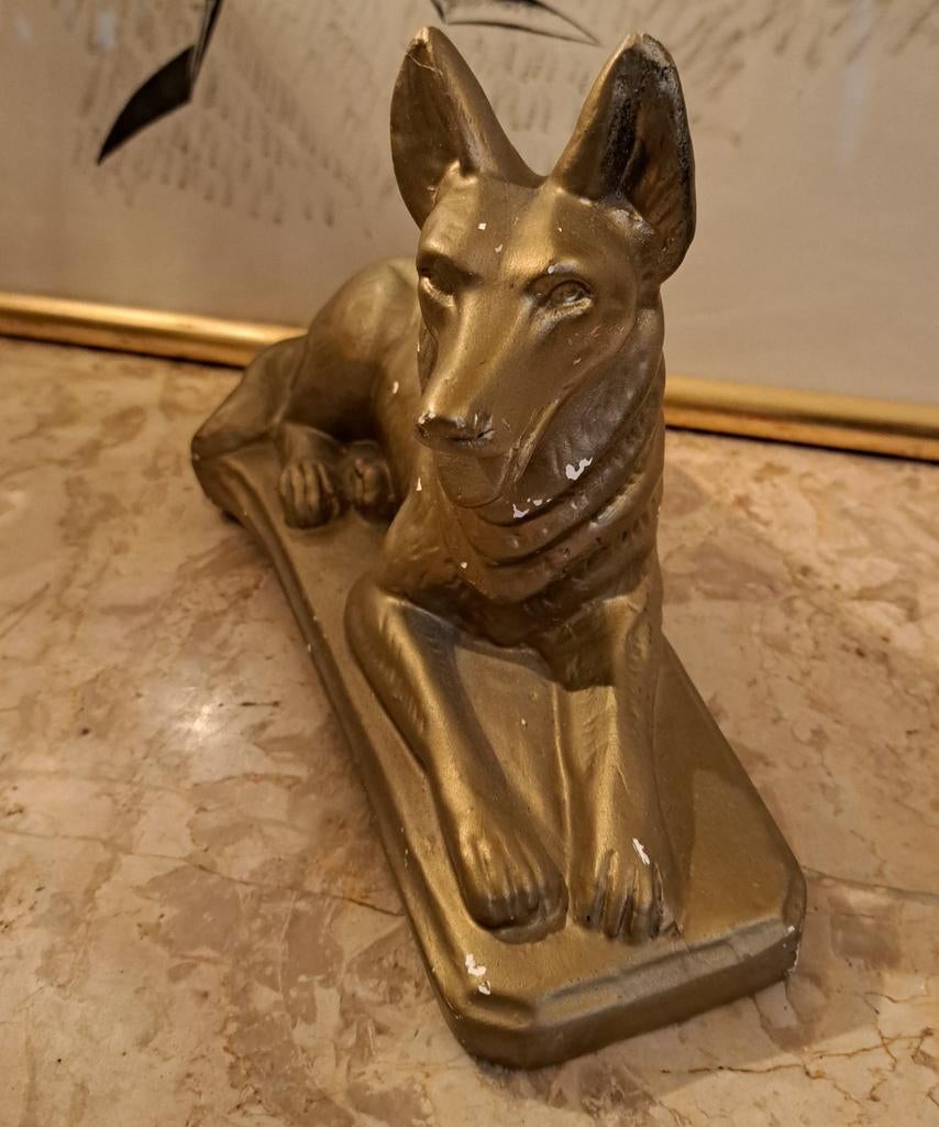 Brocante gips beeldje hond herder goudkleurig, Antiek en Kunst, Ophalen of Verzenden