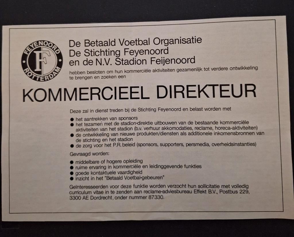 Oude vintage advertentie commercieel directeur Feyenoord, Ophalen of Verzenden, Gebruikt, Feyenoord, Poster, Plaatje of Sticker