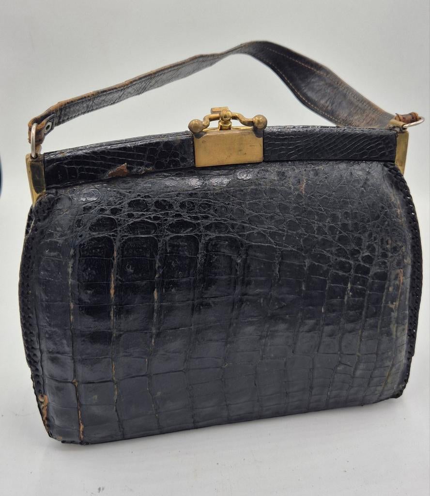 Prachtige Vintage Krokodillenleren Handtas - Jaren '40/'50, Ophalen of Verzenden, Gebruikt, Zwart, Handtas