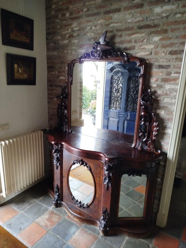 Prachtig antiek notenhouten dressoir met spiegel, Ophalen