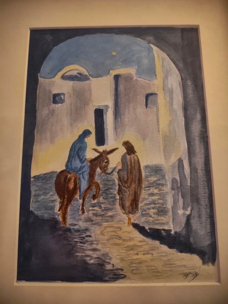 Jozef en Maria op weg naar Bethlehem. Aquarel uit 1997., Antiek en Kunst, Ophalen of Verzenden