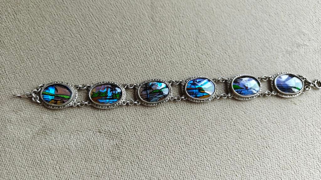 Vintage Braziliaanse vlindervleugel paneel armband, Ophalen of Verzenden, 17 tot 18, Zilver, Dame