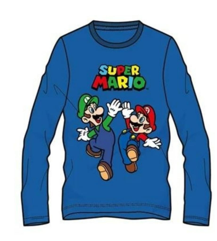 Super Mario Longsleeve Shirt Blauw - Mt 104-110-116-128-140, Super Mario, Nieuw, Ophalen of Verzenden, Shirt of Longsleeve