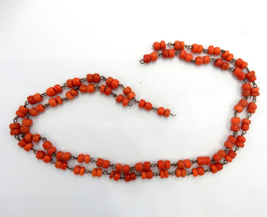 2 snoeren antiek bloedkoraal op zilverdraad, Verzenden, Zilver, Ketting, Met edelsteen