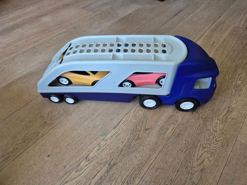 Blauwe speelgoed autotransporter met 2 auto's, Ophalen
