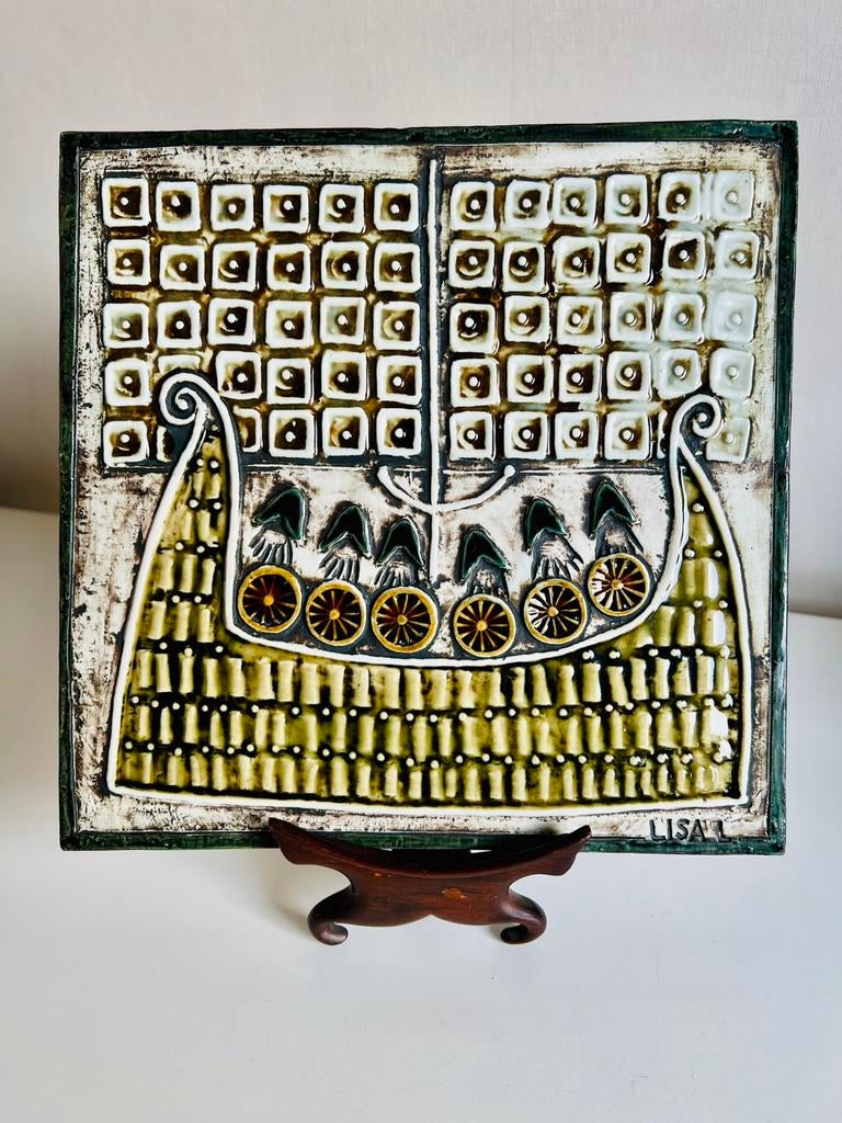 Vintage Lisa Larson Gustavsberg Wandtegel Vikingschip, Antiek en Kunst, Ophalen of Verzenden
