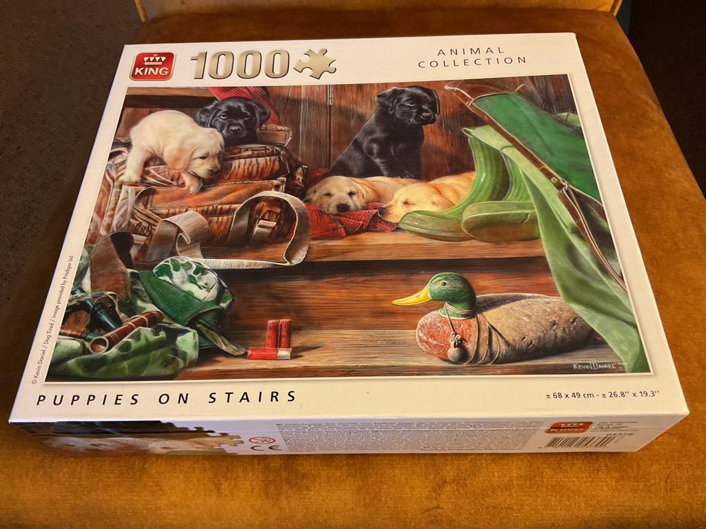 King Legpuzzel 1000 stukjes: Puppies op de trap, Ophalen of Verzenden, 500 t/m 1500 stukjes, Nieuw, Legpuzzel