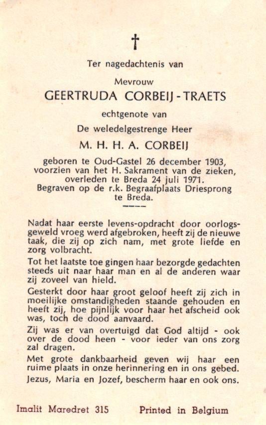 Traets Geertruda Oud-Gastel 1903-1971 Breda, Ophalen of Verzenden