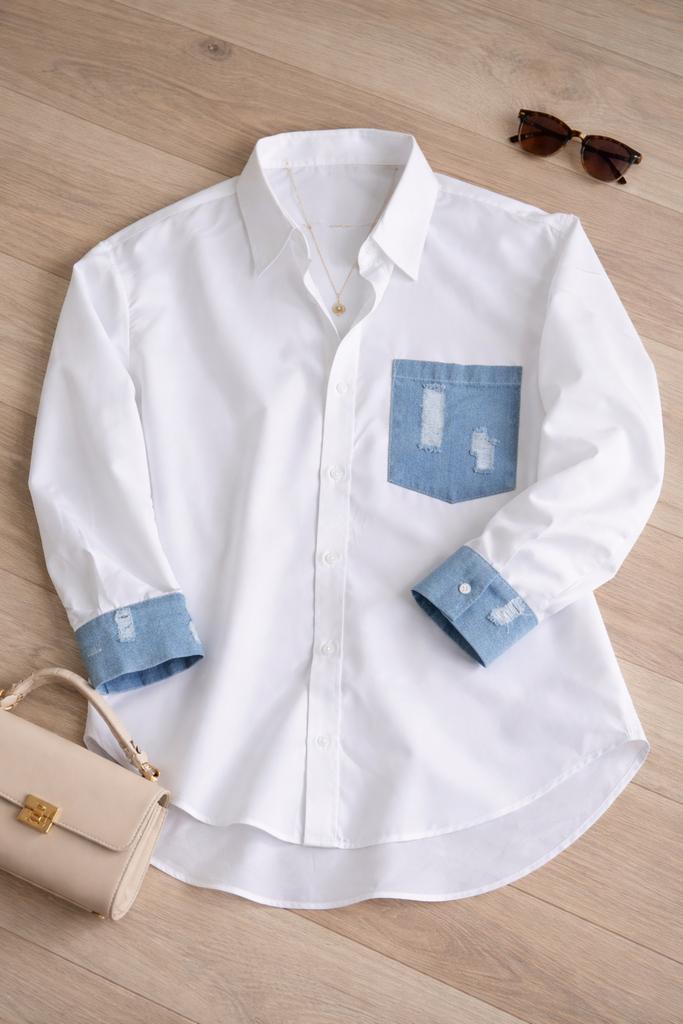 Witte blouse met denim details. Maat S, Wit, Nieuw, Ophalen of Verzenden, Maat 36 (S)