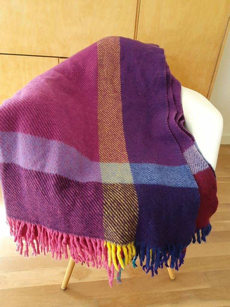 Roros wollen deken plaid rood blauw paars roze geel, Ophalen of Verzenden