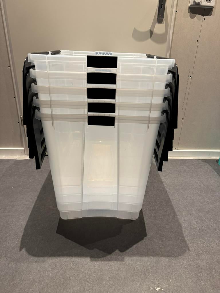 5 grote plastic opbergboxen van 130 liter, Doe-het-zelf en Verbouw, Kratten en Dozen, Ophalen, Gebruikt, 100 cm of meer, 60 cm of meer