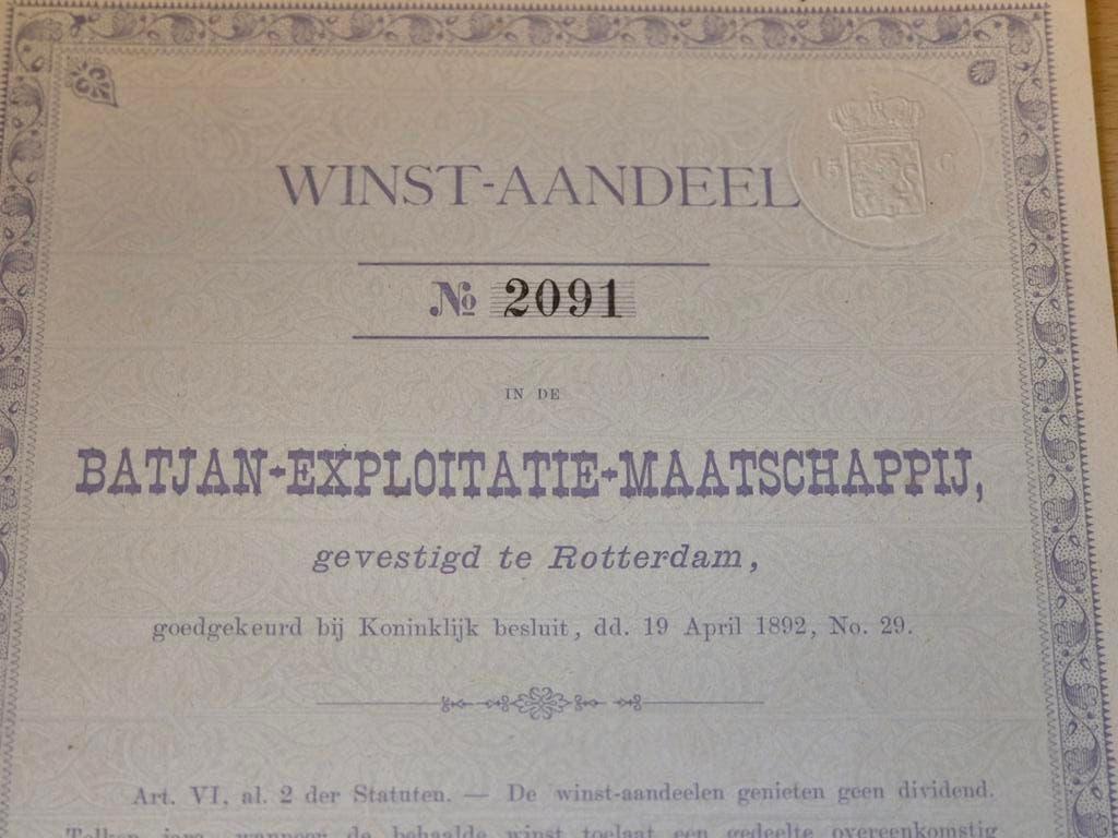Winst-Aandeel Batjan-Exploitatie-Maatschappij 1892 Zeldzaam, Postzegels en Munten, Aandelen en Waardepapieren, Ophalen of Verzenden